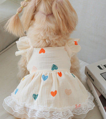 HKM-7291581 Light Yellow Baby Cotton Yarn Dress with Love Heart Design and Flying Sleeves, Casual Style, Sizes XS-XXL