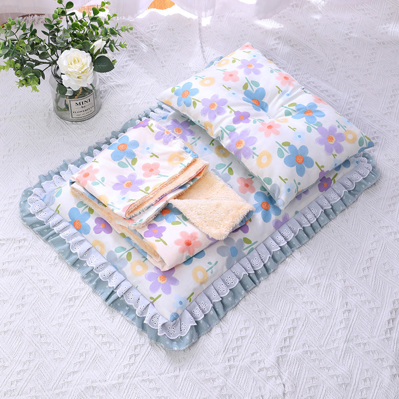 HKM-7292861 Cozy Three-Piece Cat Mattress and Blanket Set for Pets - Soft Cotton Bed with Stylish Patterns
