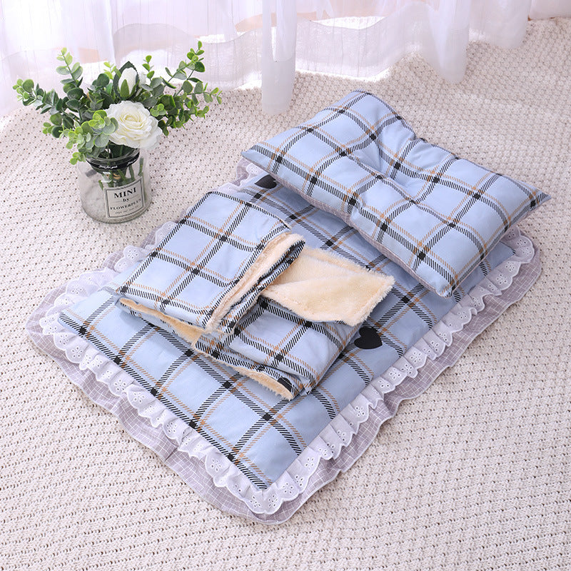 HKM-7292861 Cozy Three-Piece Cat Mattress and Blanket Set for Pets - Soft Cotton Bed with Stylish Patterns