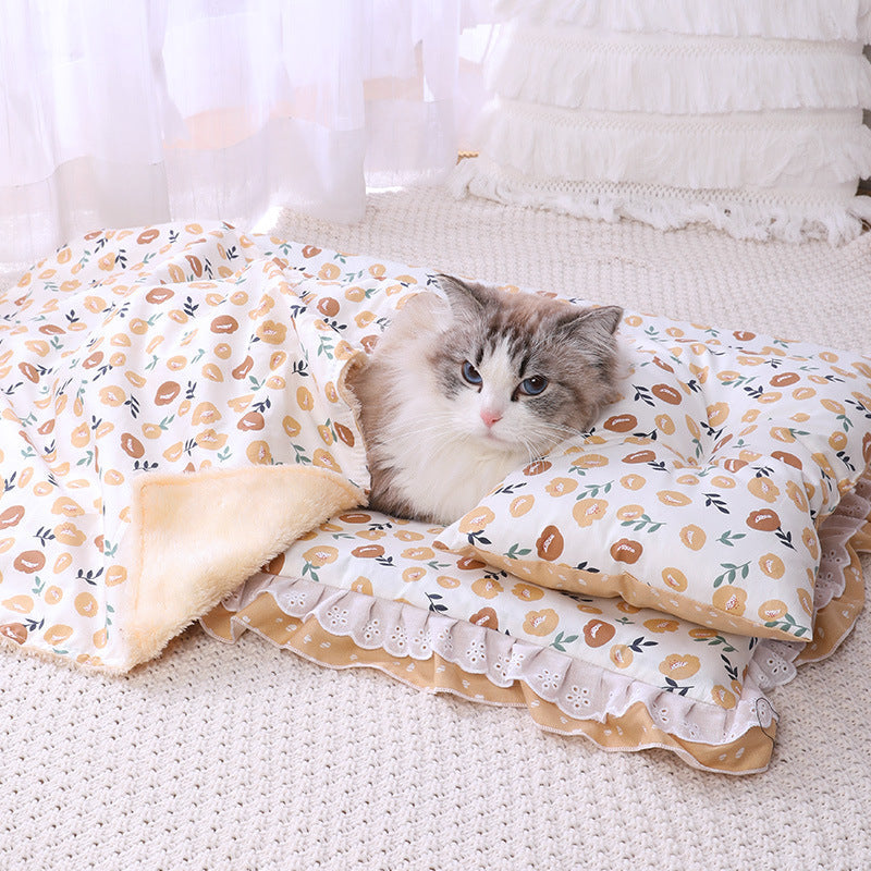 HKM-7292861 Cozy Three-Piece Cat Mattress and Blanket Set for Pets - Soft Cotton Bed with Stylish Patterns
