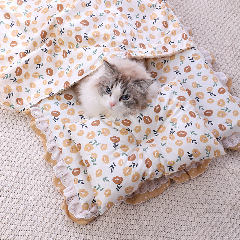 HKM-7292861 Cozy Three-Piece Cat Mattress and Blanket Set for Pets - Soft Cotton Bed with Stylish Patterns