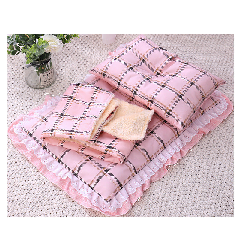 HKM-7292861 Cozy Three-Piece Cat Mattress and Blanket Set for Pets - Soft Cotton Bed with Stylish Patterns