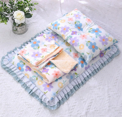 HKM-7292861 Cozy Three-Piece Cat Mattress and Blanket Set for Pets - Soft Cotton Bed with Stylish Patterns