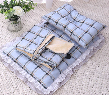 HKM-7292861 Cozy Three-Piece Cat Mattress and Blanket Set for Pets - Soft Cotton Bed with Stylish Patterns