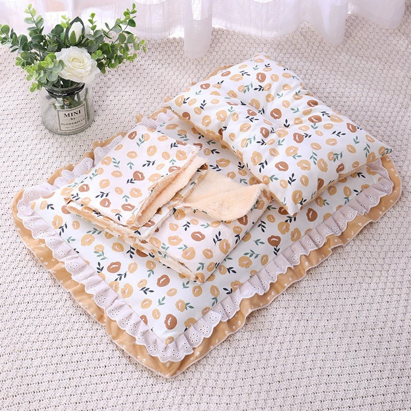 HKM-7292861 Cozy Three-Piece Cat Mattress and Blanket Set for Pets - Soft Cotton Bed with Stylish Patterns