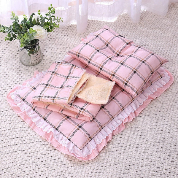 HKM-7292861 Cozy Three-Piece Cat Mattress and Blanket Set for Pets - Soft Cotton Bed with Stylish Patterns