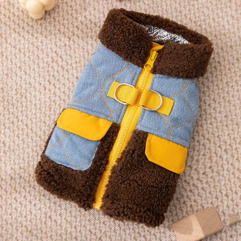 HKM-7295549 Quilted Denim Color-Blocking Vests with Sherpa Lining for Cats and Small Dogs