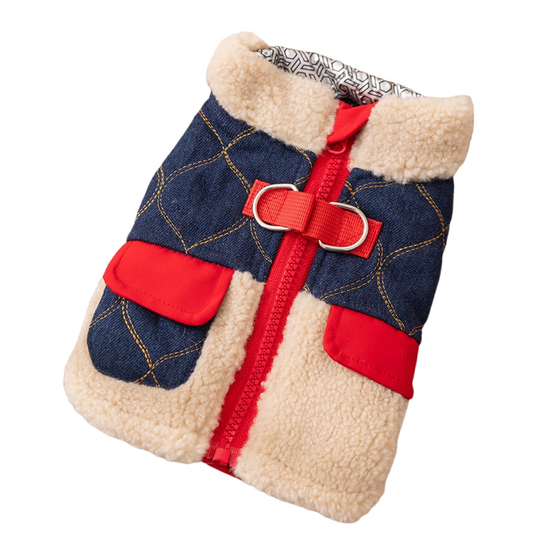 HKM-7295549 Quilted Denim Color-Blocking Vests with Sherpa Lining for Cats and Small Dogs