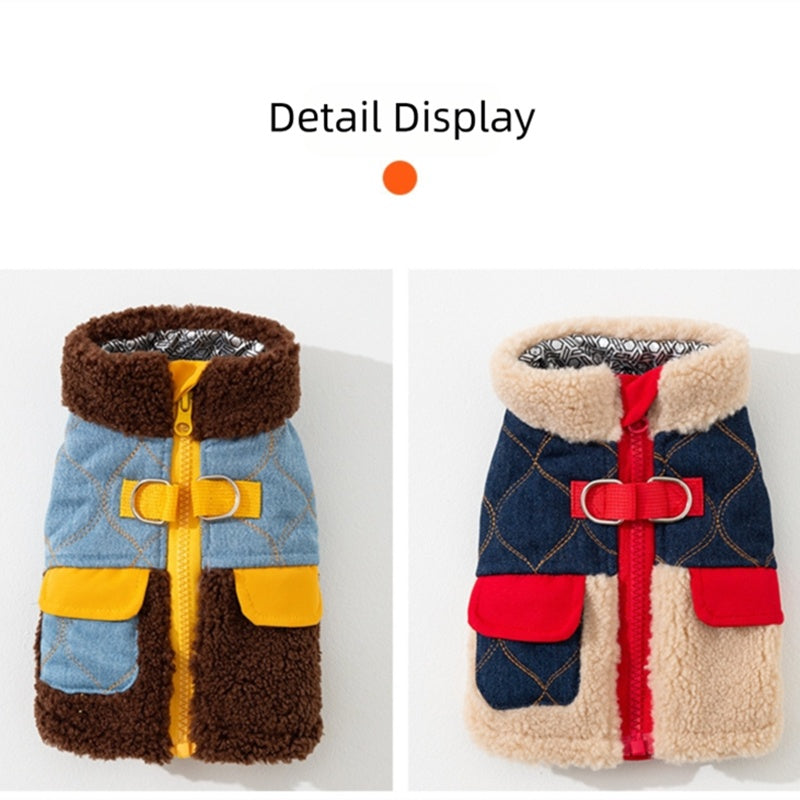 HKM-7295549 Quilted Denim Color-Blocking Vests with Sherpa Lining for Cats and Small Dogs
