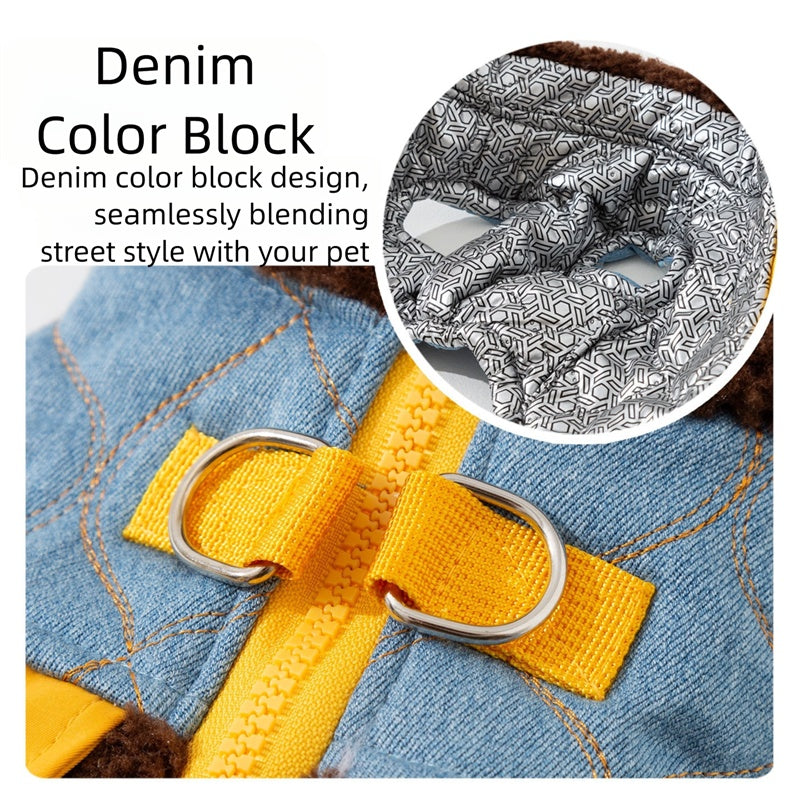 HKM-7295549 Quilted Denim Color-Blocking Vests with Sherpa Lining for Cats and Small Dogs