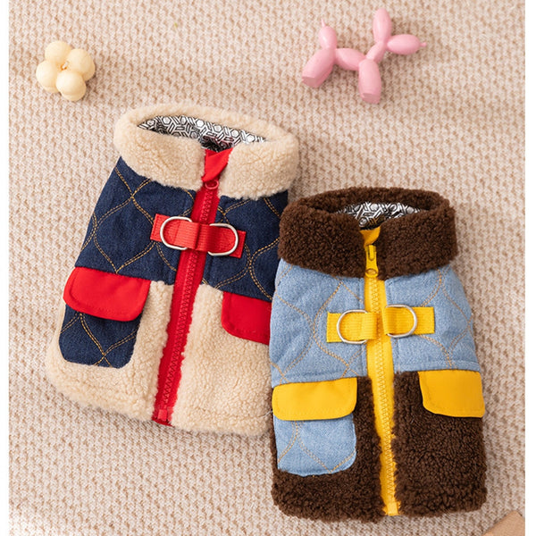 HKM-7295549 Quilted Denim Color-Blocking Vests with Sherpa Lining for Cats and Small Dogs