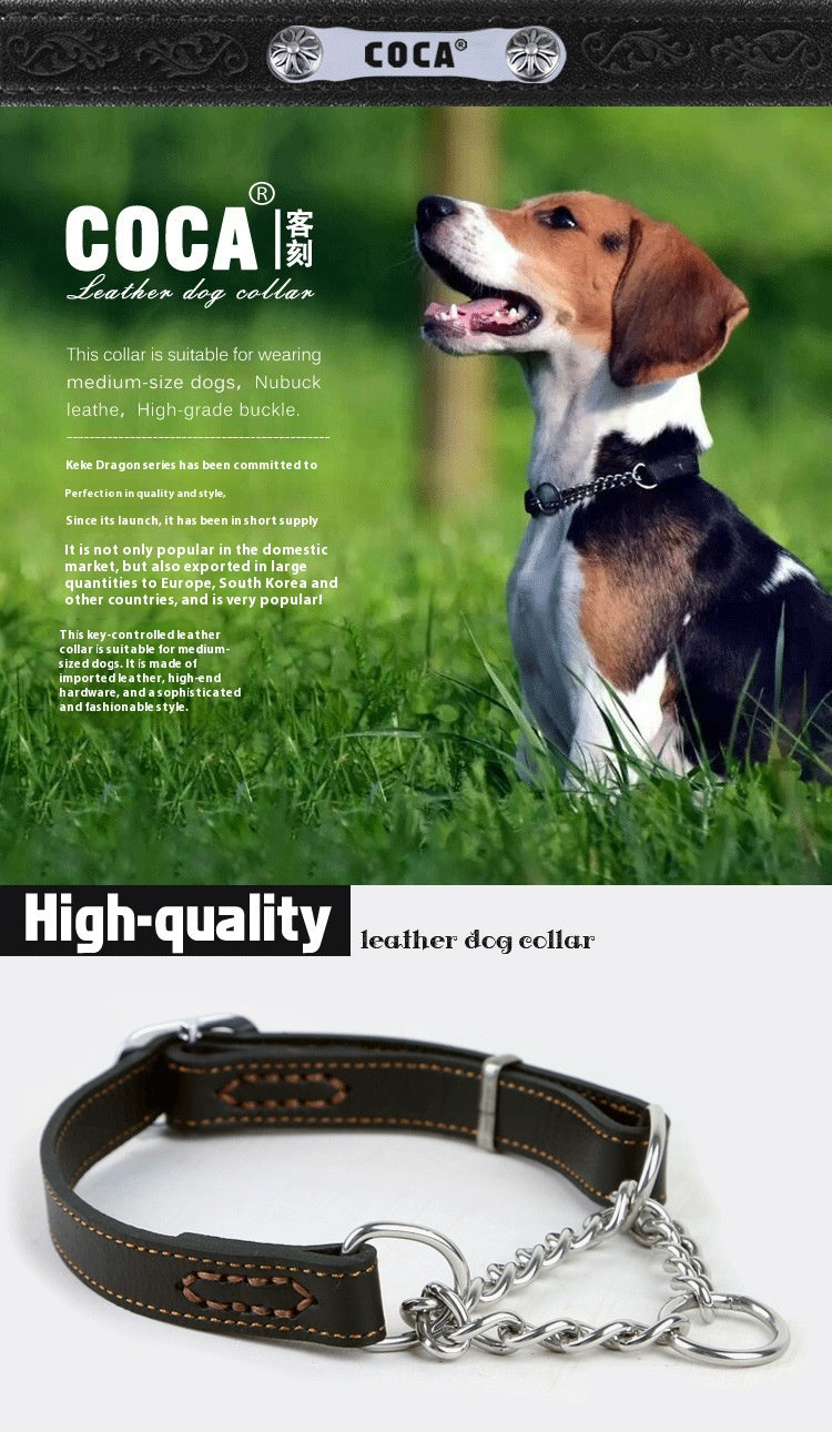 HKM-7298749 Cowhide Semi-Controlled P Chain Collar for Small Dogs - Black and Brown Options