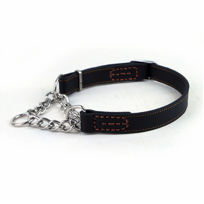 HKM-7298749 Cowhide Semi-Controlled P Chain Collar for Small Dogs - Black and Brown Options