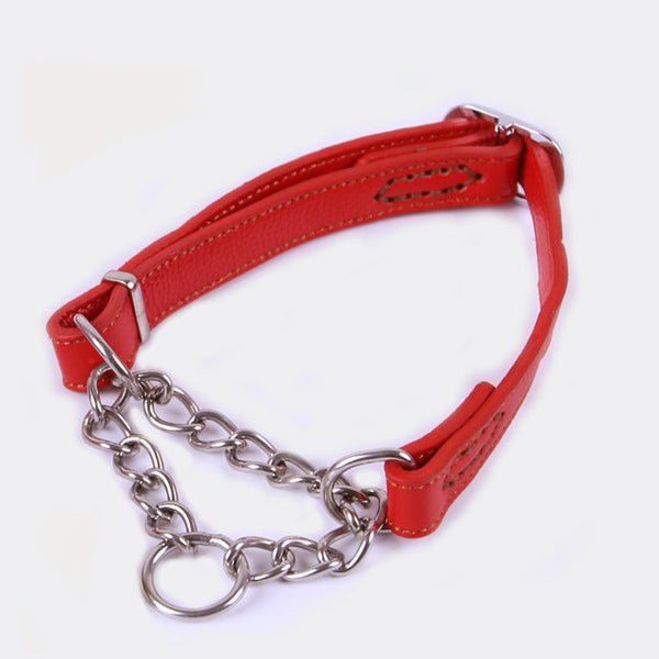 HKM-7298749 Cowhide Semi-Controlled P Chain Collar for Small Dogs - Black and Brown Options