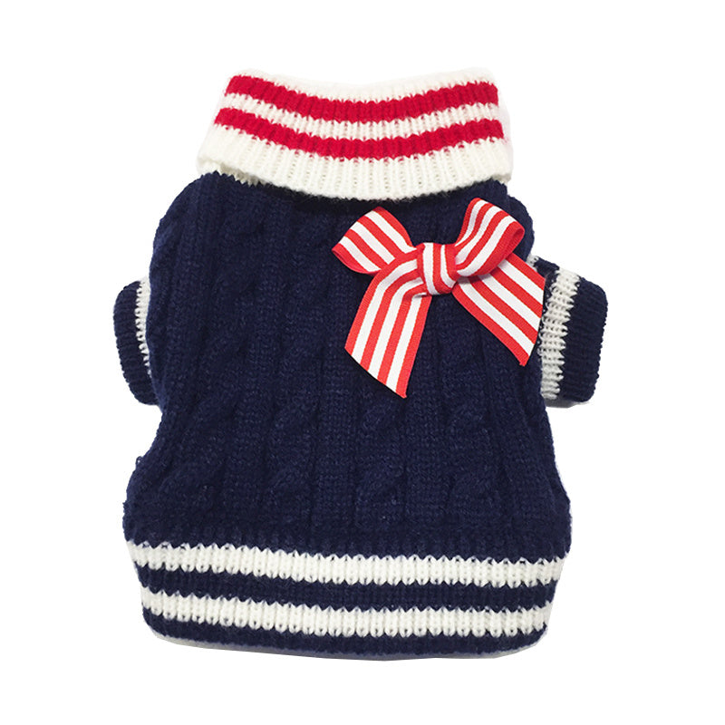 HKM-730003 Cozy Knit Sweater for Dogs with Bowknot Detail – Autumn/Winter Fashion in Blue and Red