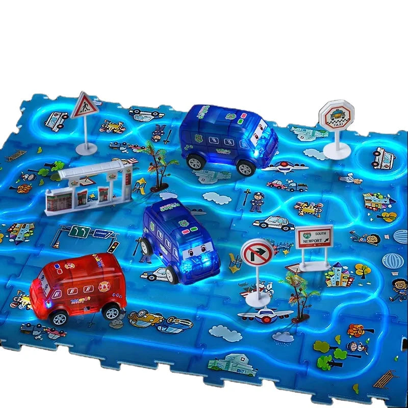HKM-730003 Luminous Educational Jigsaw Puzzle Slot Car Track Set for Kids, DIY Electric Railcar Assembly Toy