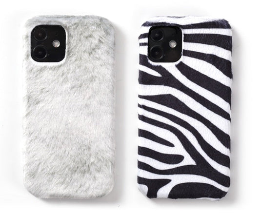 HKM-730003 Zebra Pattern Plush Phone Case for iPhone Models - Soft Mink Winter Protection