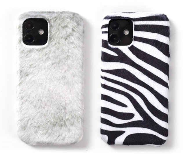 HKM-730003 Zebra Pattern Plush Phone Case for iPhone Models - Soft Mink Winter Protection