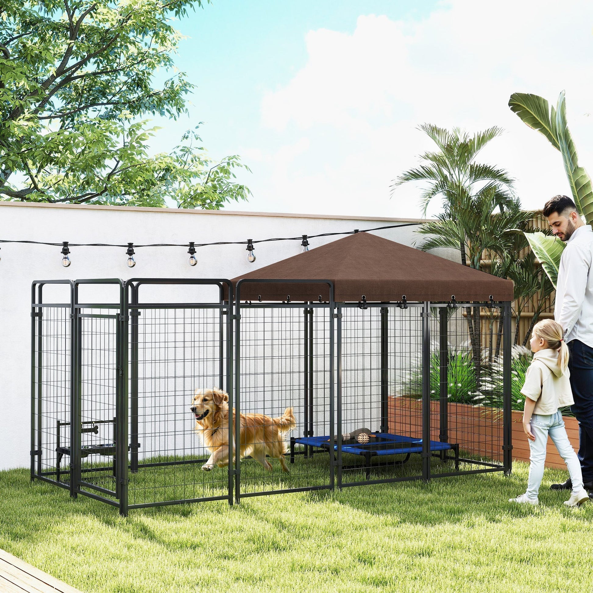 HKM-7300413 Outdoor Dog Kennel with Waterproof Canopy for Medium to Large Dogs - Heavy-Duty Steel Construction