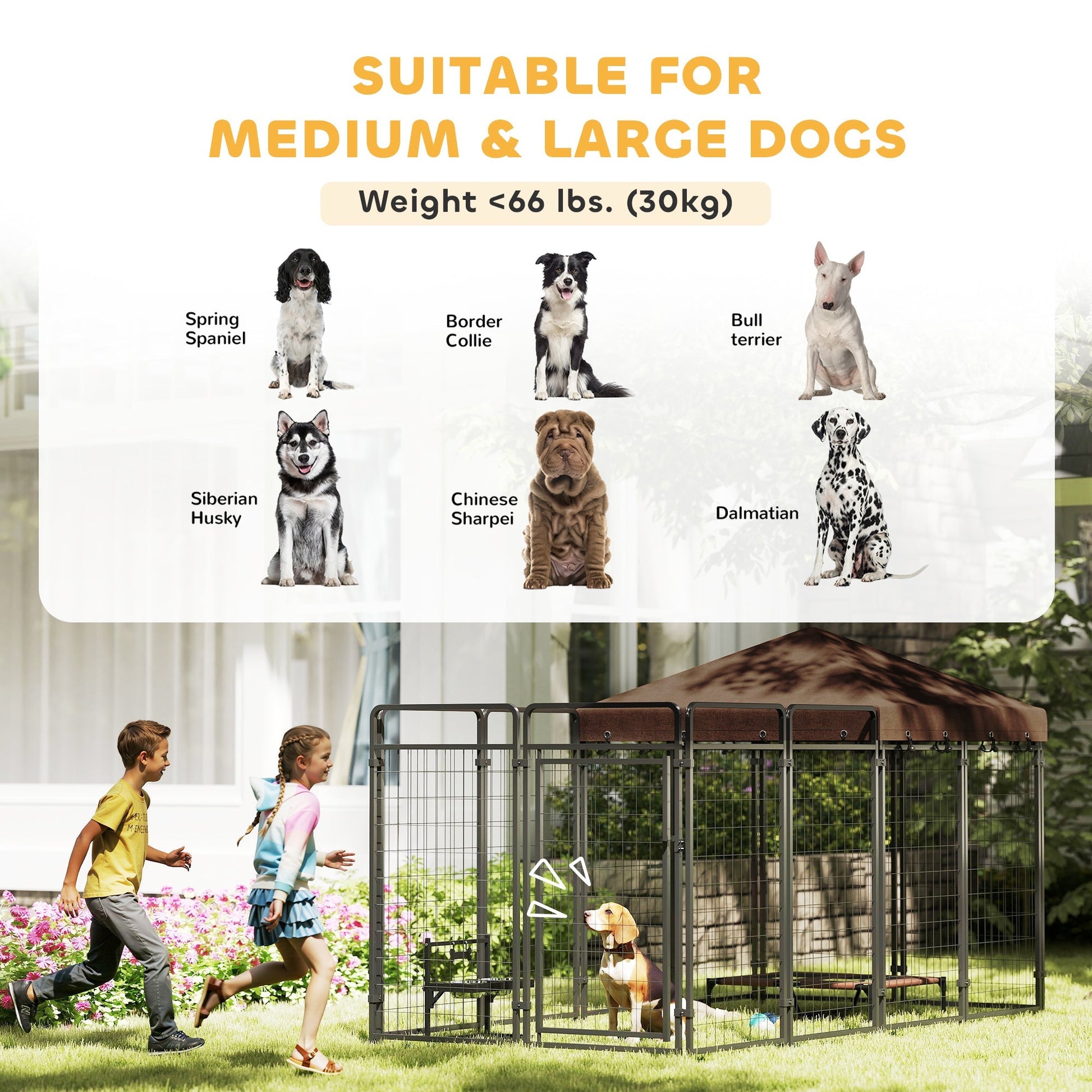 HKM-7300413 Outdoor Dog Kennel with Waterproof Canopy for Medium to Large Dogs - Heavy-Duty Steel Construction