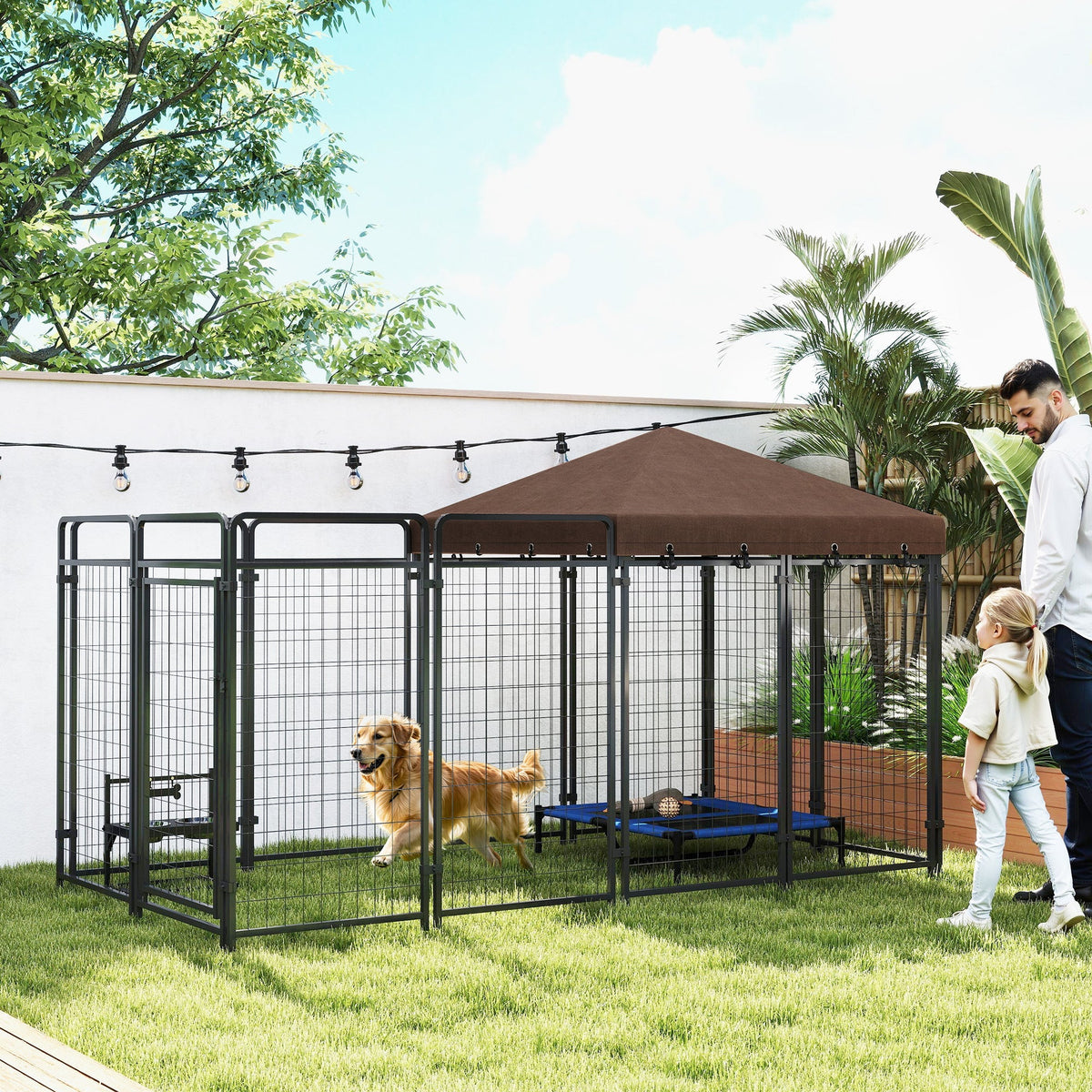 HKM-7300413 Outdoor Dog Kennel with Waterproof Canopy for Medium to Large Dogs - Heavy-Duty Steel Construction