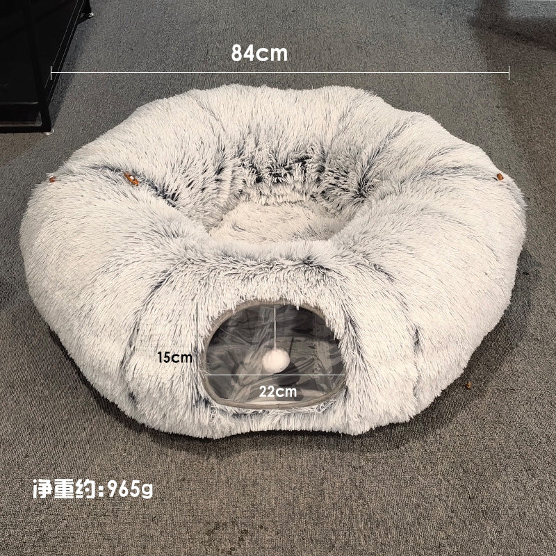 HKM-7301821 Cozy Foldable Cat Tunnel Bed with Plush Fabric and Warm Lining for Cats and Small Dogs