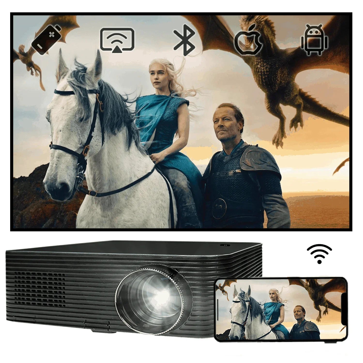 HKM-730259 Full HD LCD Projector with Wireless WiFi, Android OS, 3600 Lumens, Dual Frequency, 60-150 Inch Projection