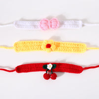 HKM-7304509 Hand Knitted Wool Cherry Flower Bow Adjustable Pet Collar for Cats and Dogs