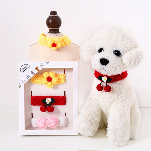 HKM-7304509 Hand Knitted Wool Cherry Flower Bow Adjustable Pet Collar for Cats and Dogs