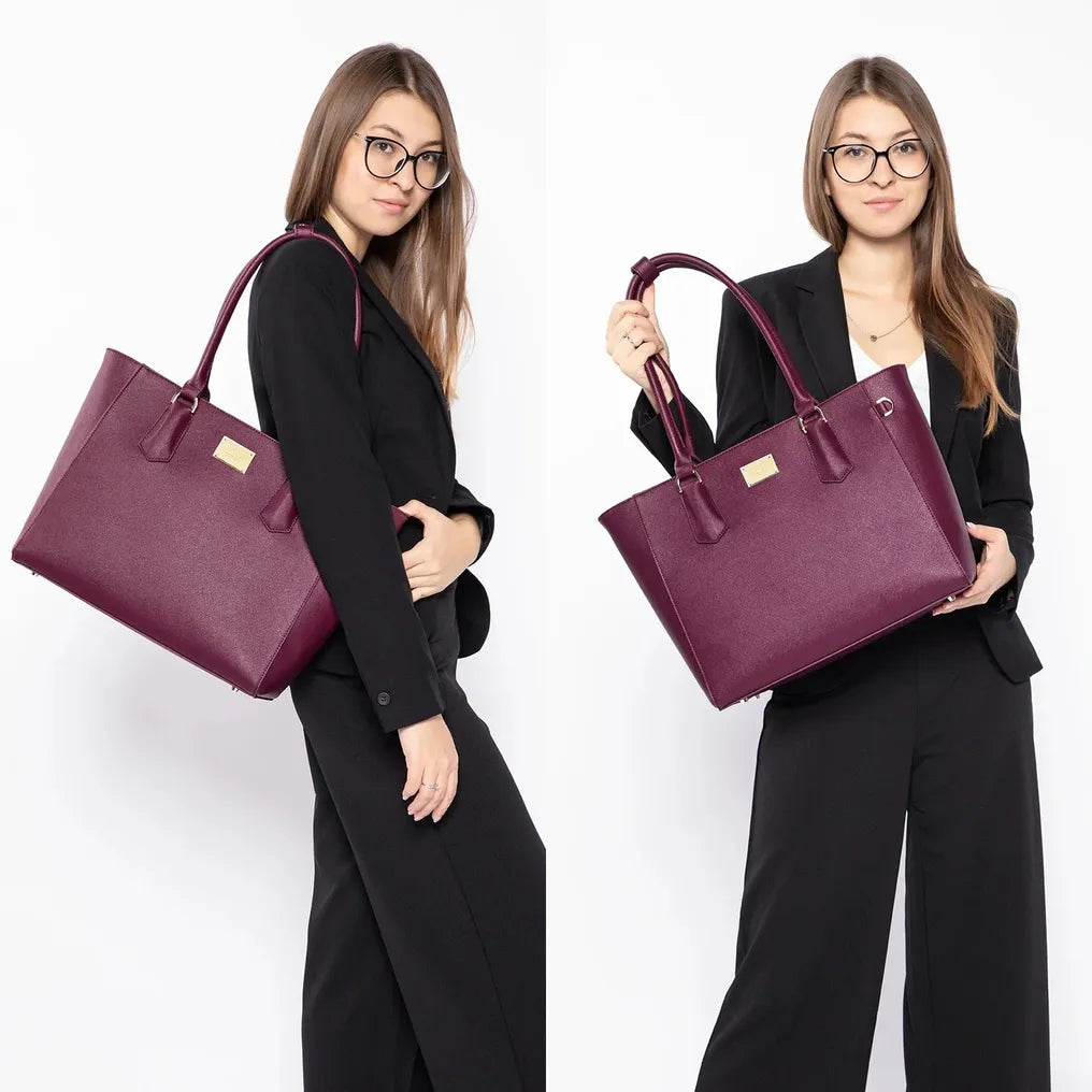 HKM-730451 Elegant Leather Tote Bag for 15.6-Inch Laptops - Versatile Work and Shopping Handbag for Women