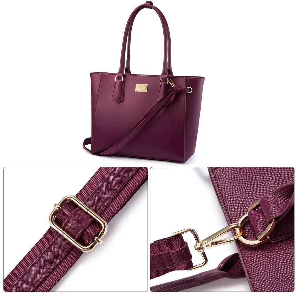 HKM-730451 Elegant Leather Tote Bag for 15.6-Inch Laptops - Versatile Work and Shopping Handbag for Women