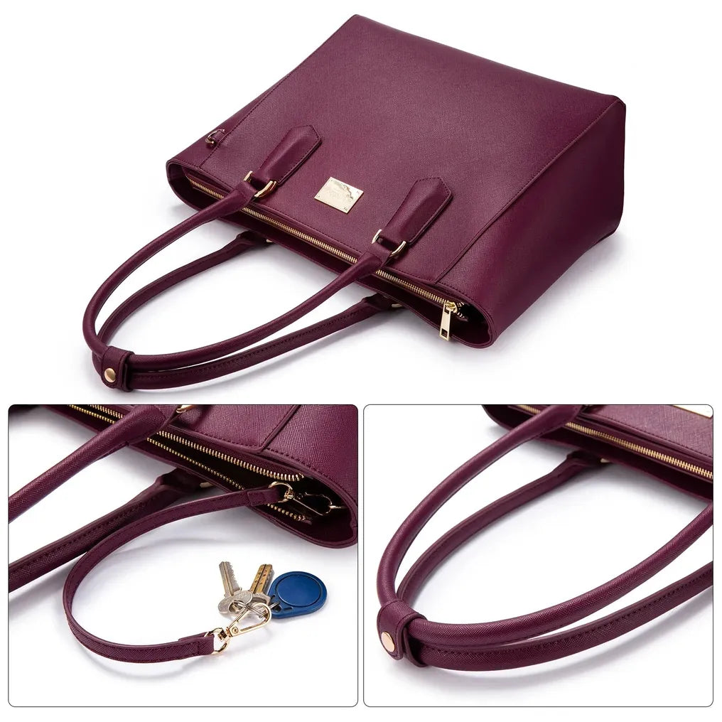 HKM-730451 Elegant Leather Tote Bag for 15.6-Inch Laptops - Versatile Work and Shopping Handbag for Women