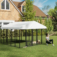 HKM-7306173 Spacious Welded Wire Outdoor Dog Kennel with Adjustable Feeding Bowls and Lockable Gate
