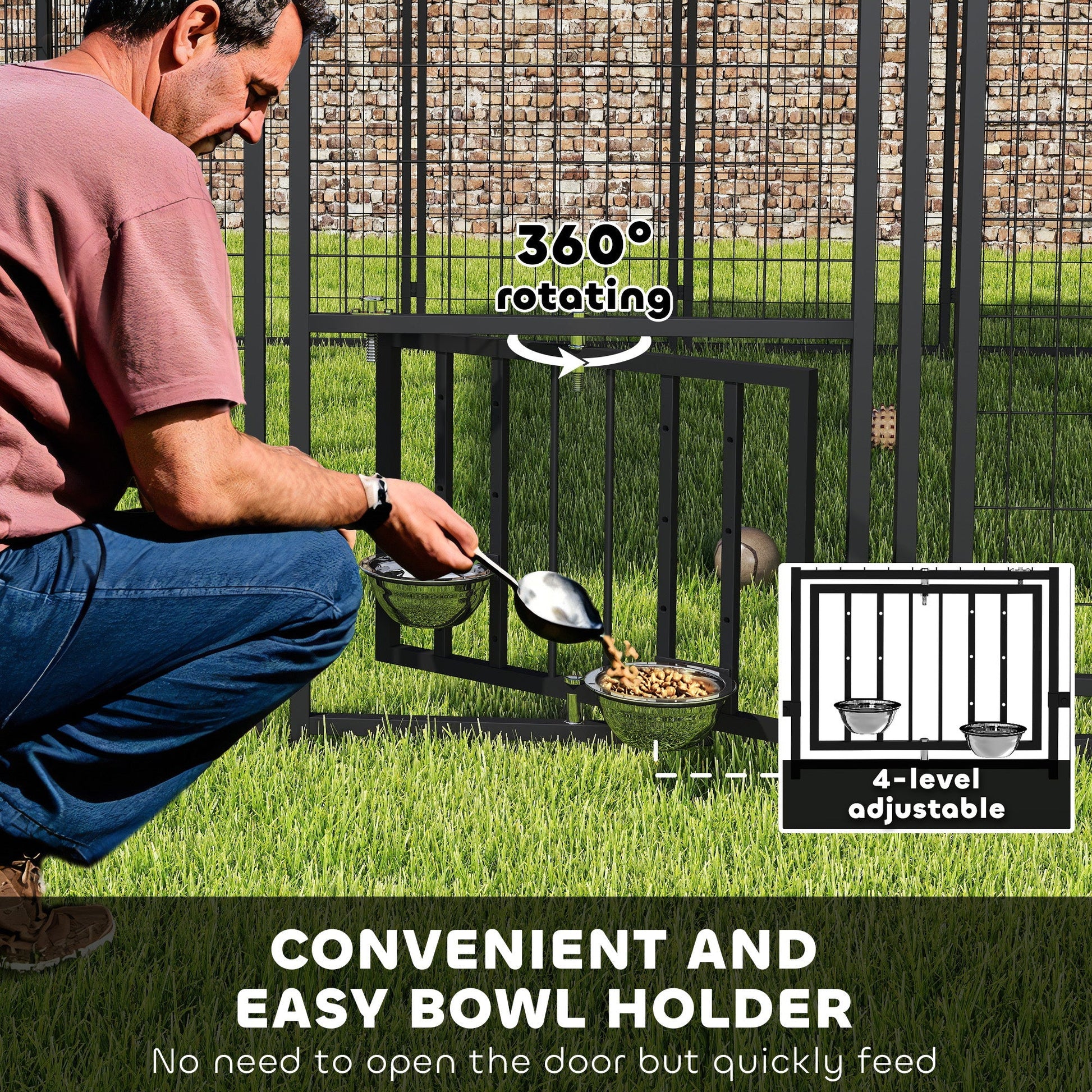 HKM-7306173 Spacious Welded Wire Outdoor Dog Kennel with Adjustable Feeding Bowls and Lockable Gate
