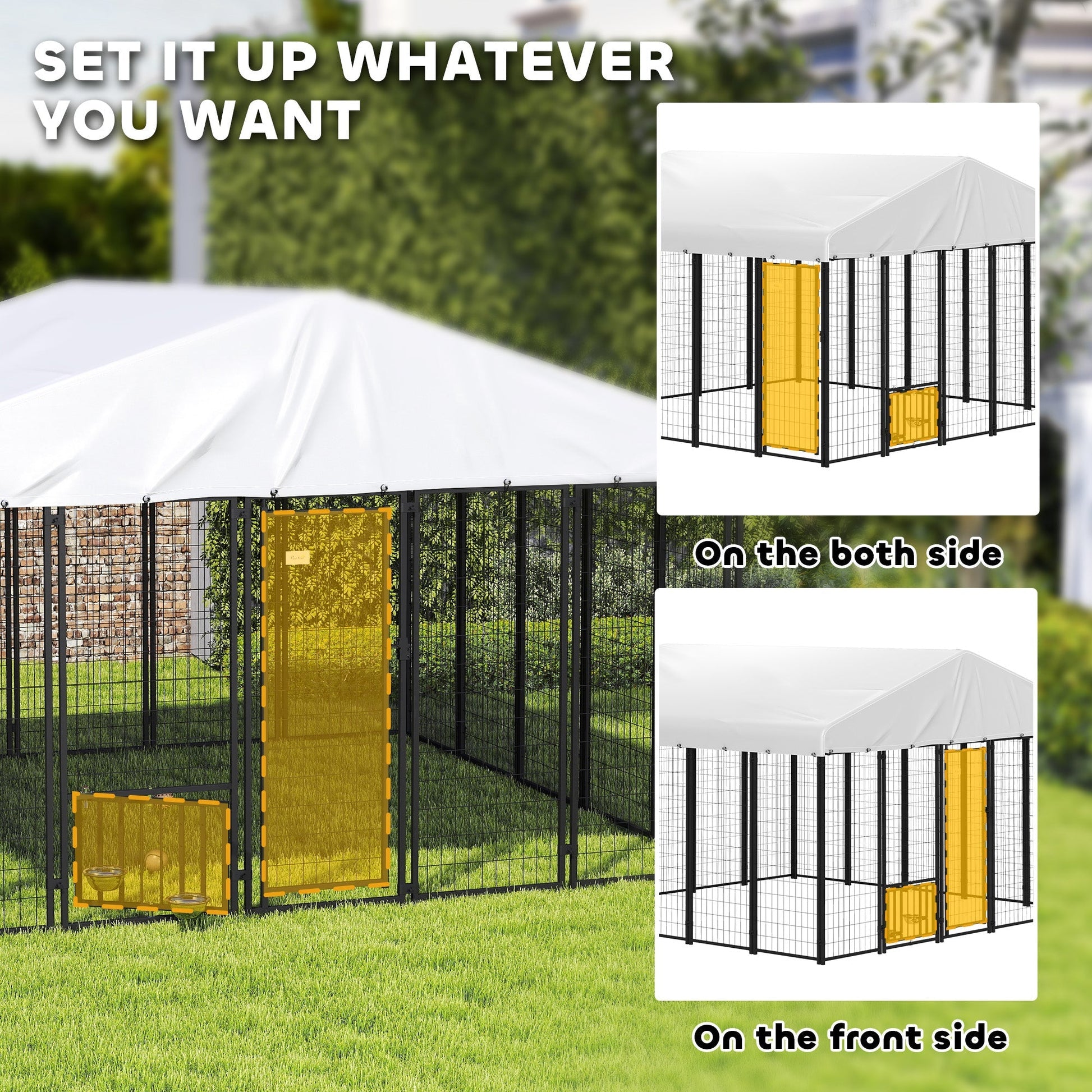HKM-7306173 Spacious Welded Wire Outdoor Dog Kennel with Adjustable Feeding Bowls and Lockable Gate