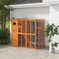 HKM-7306557 Extra Large Wooden Outdoor Catio with Four Stories, Ramps, and Windows for Cats