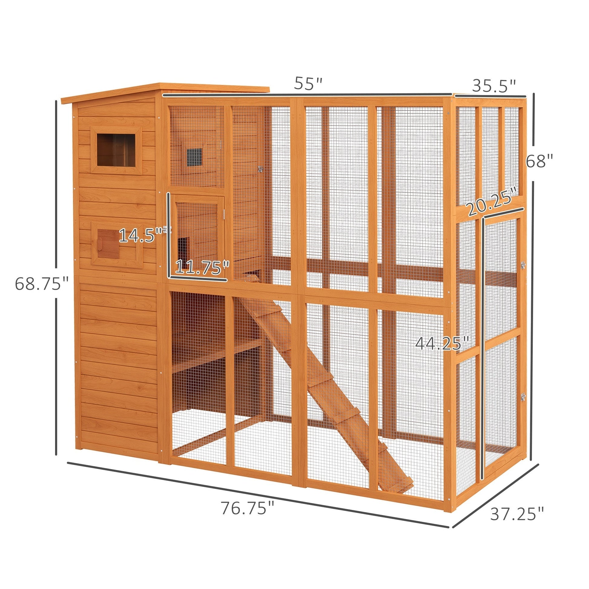 HKM-7306557 Extra Large Wooden Outdoor Catio with Four Stories, Ramps, and Windows for Cats