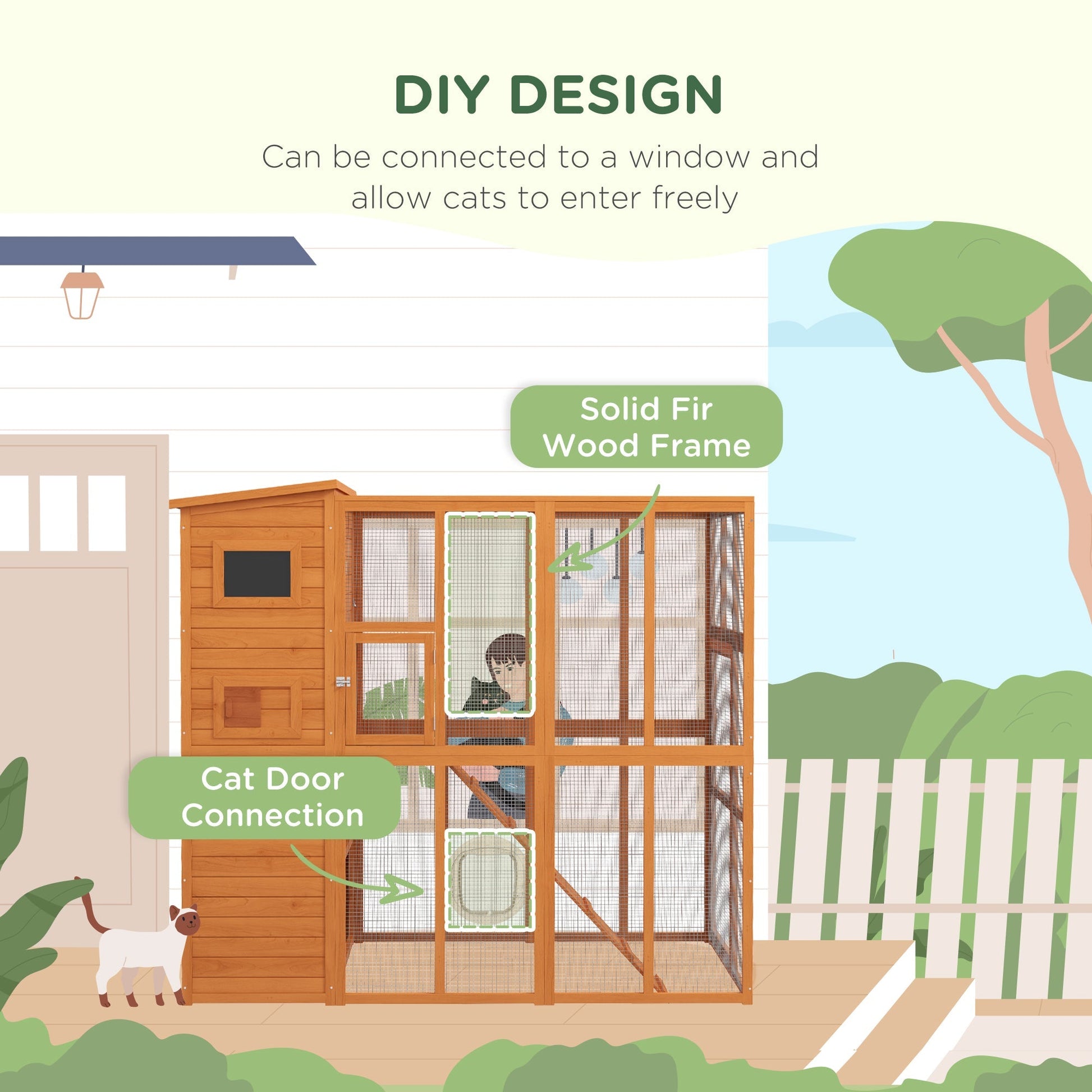 HKM-7306557 Extra Large Wooden Outdoor Catio with Four Stories, Ramps, and Windows for Cats