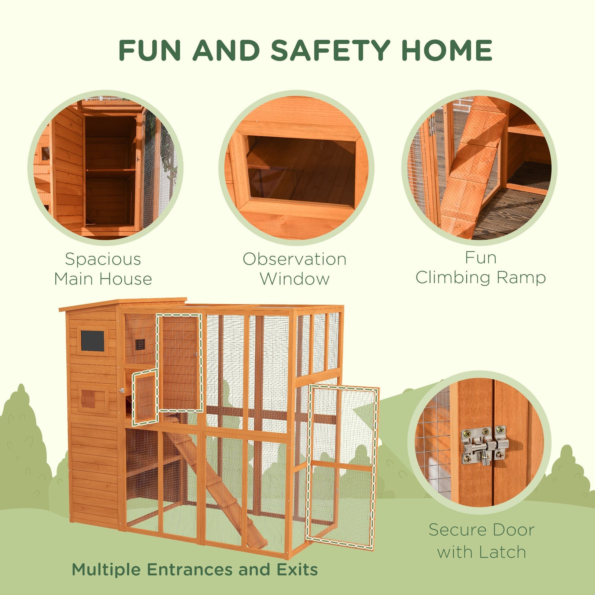 HKM-7306557 Extra Large Wooden Outdoor Catio with Four Stories, Ramps, and Windows for Cats