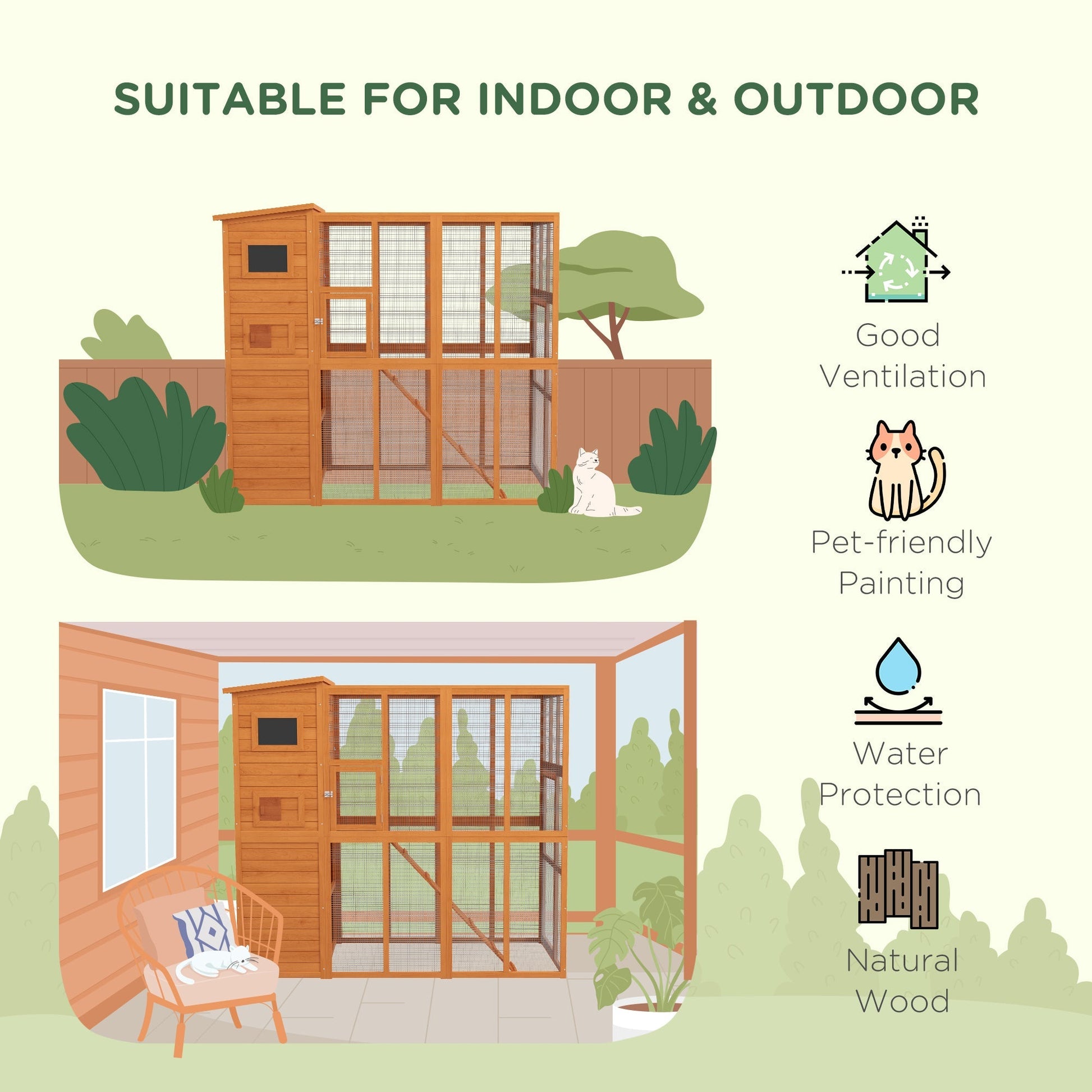 HKM-7306557 Extra Large Wooden Outdoor Catio with Four Stories, Ramps, and Windows for Cats