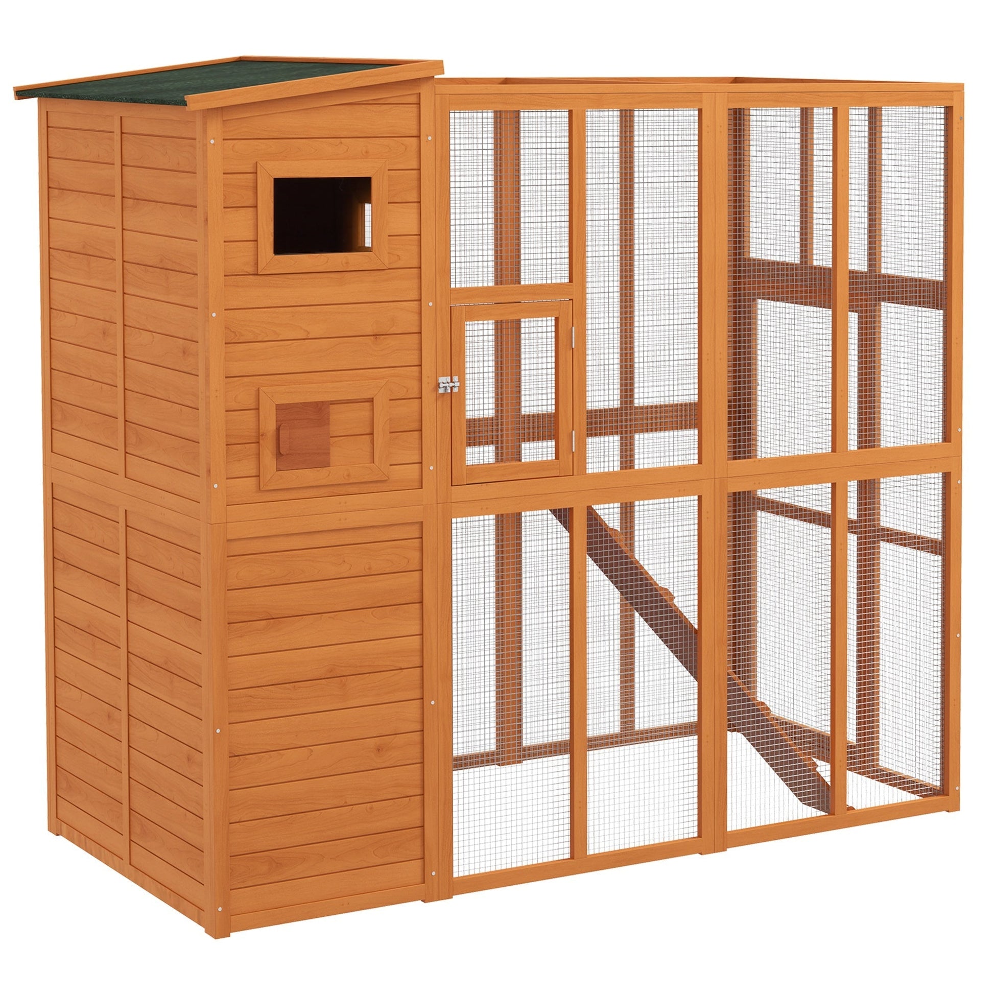 HKM-7306557 Extra Large Wooden Outdoor Catio with Four Stories, Ramps, and Windows for Cats
