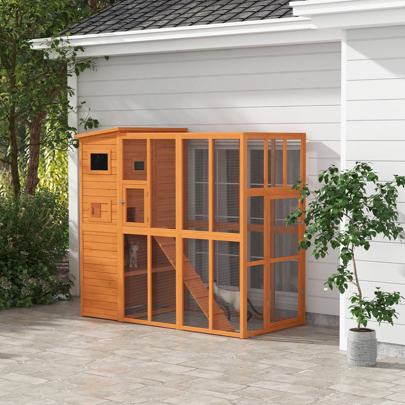 HKM-7306557 Extra Large Wooden Outdoor Catio with Four Stories, Ramps, and Windows for Cats