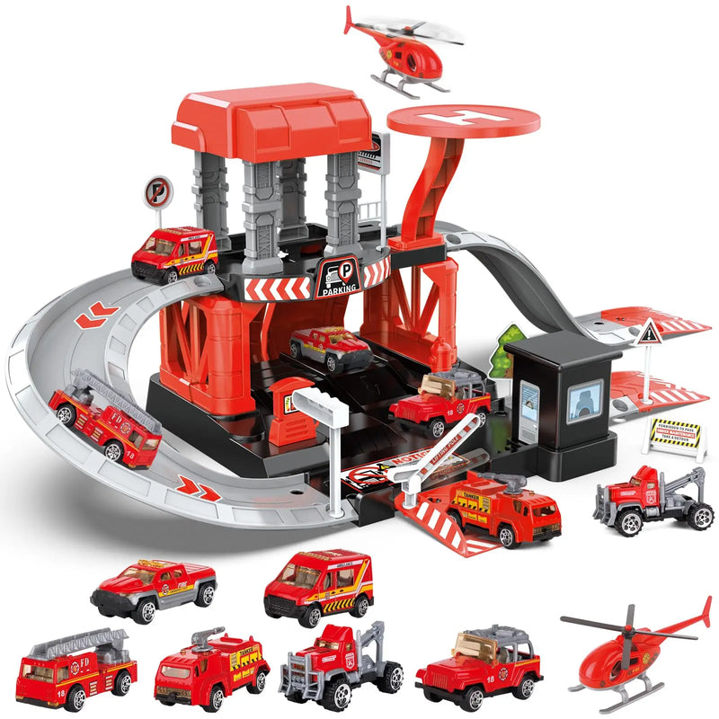HKM-730707 Fire Station Playset with Fire Truck and Garage Track for Kids