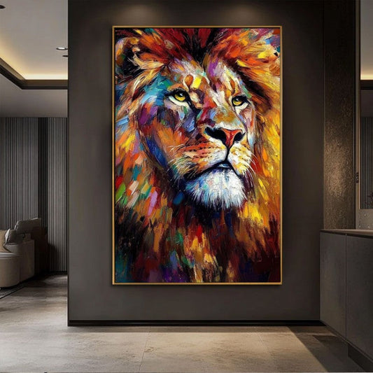 HKM-730835 Colorful Lion Handmade Oil Painting on Canvas - Modern Abstract Animal Wall Art for Living Room Decor