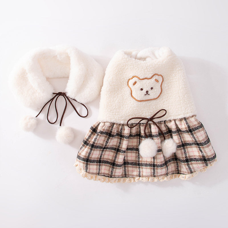 HKM-7309885 Cute Bear Dress for Dogs with Scarf – Cashmere and Fleece Material, Available in Brown and Beige, Multiple Sizes