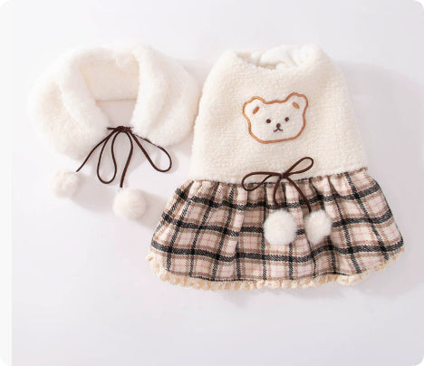 HKM-7309885 Cute Bear Dress for Dogs with Scarf – Cashmere and Fleece Material, Available in Brown and Beige, Multiple Sizes