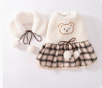 HKM-7309885 Cute Bear Dress for Dogs with Scarf – Cashmere and Fleece Material, Available in Brown and Beige, Multiple Sizes