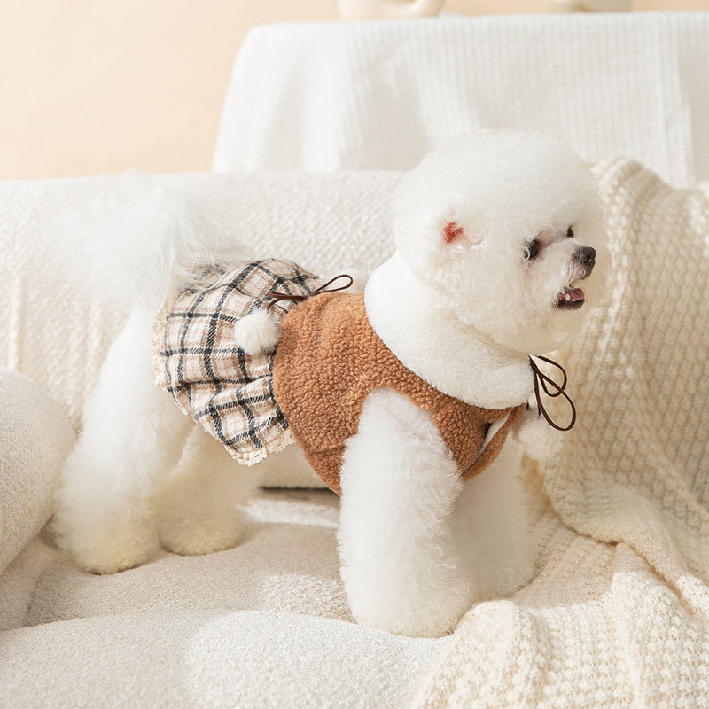 HKM-7309885 Cute Bear Dress for Dogs with Scarf – Cashmere and Fleece Material, Available in Brown and Beige, Multiple Sizes