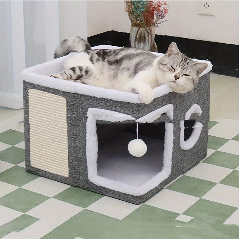 HKM-7312317 Double-Layer Foldable Cat Nest Villa - Dark Gray Pet Bed for Cozy Comfort