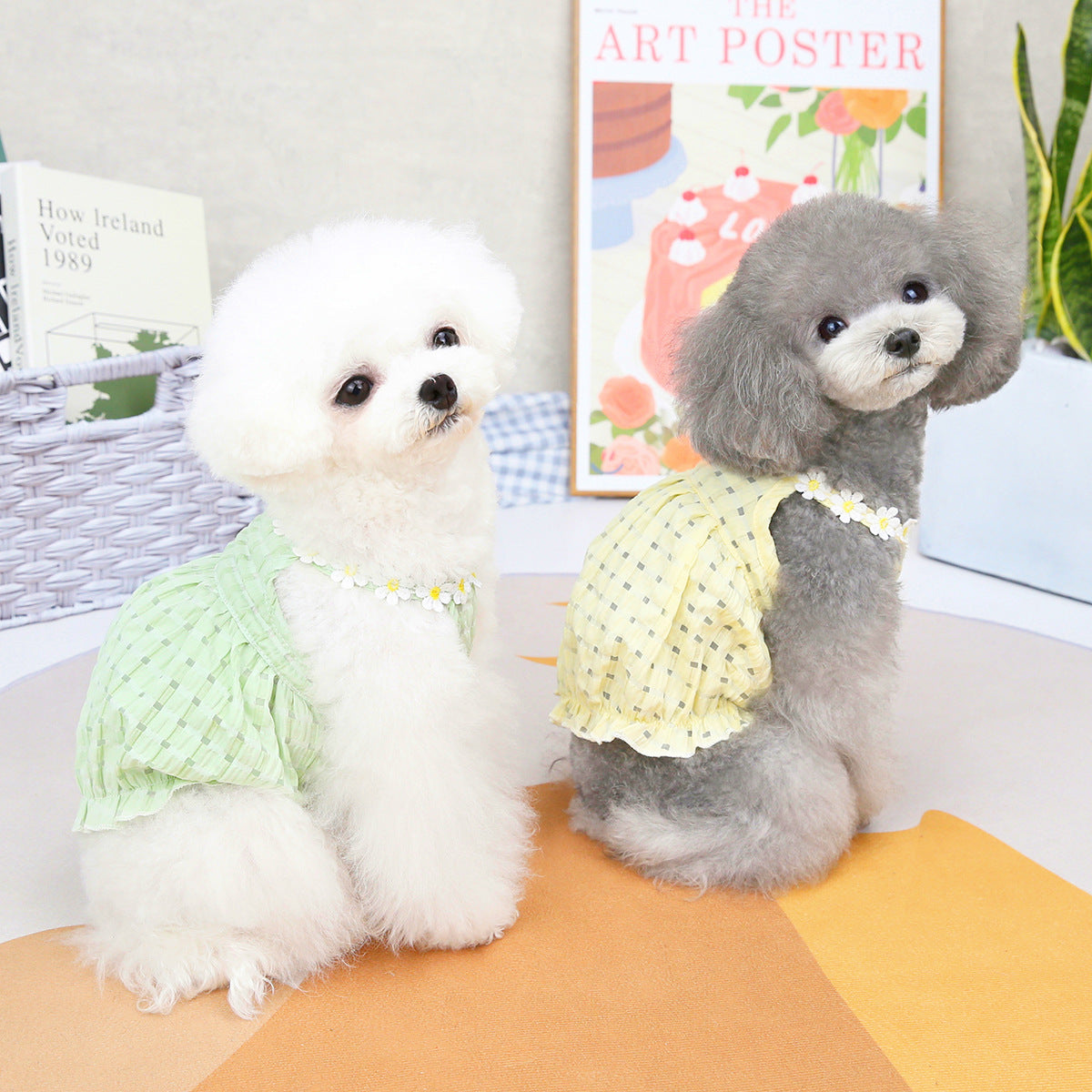 HKM-7314621 Spring Summer Pet Dress for Puppies - Soft Acrylic Skirt in Yellow and Green, Multiple Sizes Available